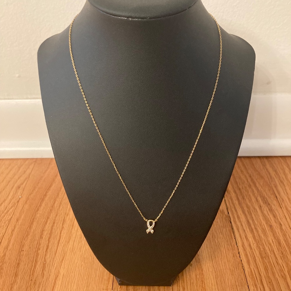 SECRET BOX NEW YORK  24K GOLD DIPPED CZ PINK RIBBON NECKLACE (X)